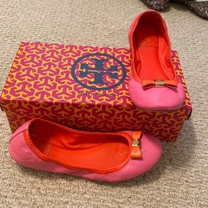 Tory Burch leather flats flamingo pink/new fire orange with box 8